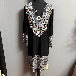 Chico’s V-Neck Black Midi Dress with Colorful Trim size 2